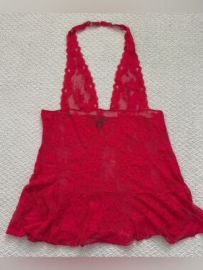 Vintage Victoria’s Secret red lace halter slip chemise lingerie dress, small EUC